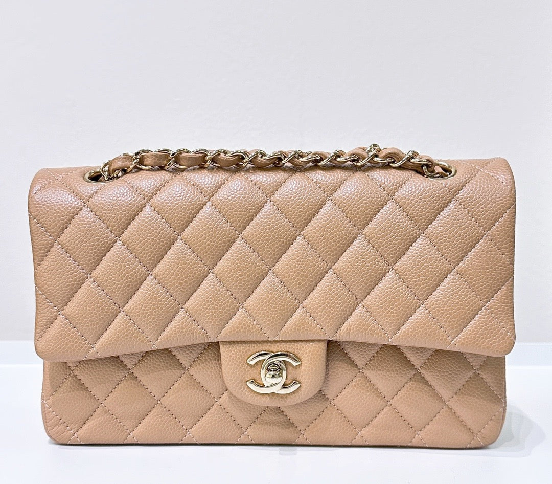 CHNL Caviar Quilted Medium Double Flap Beige