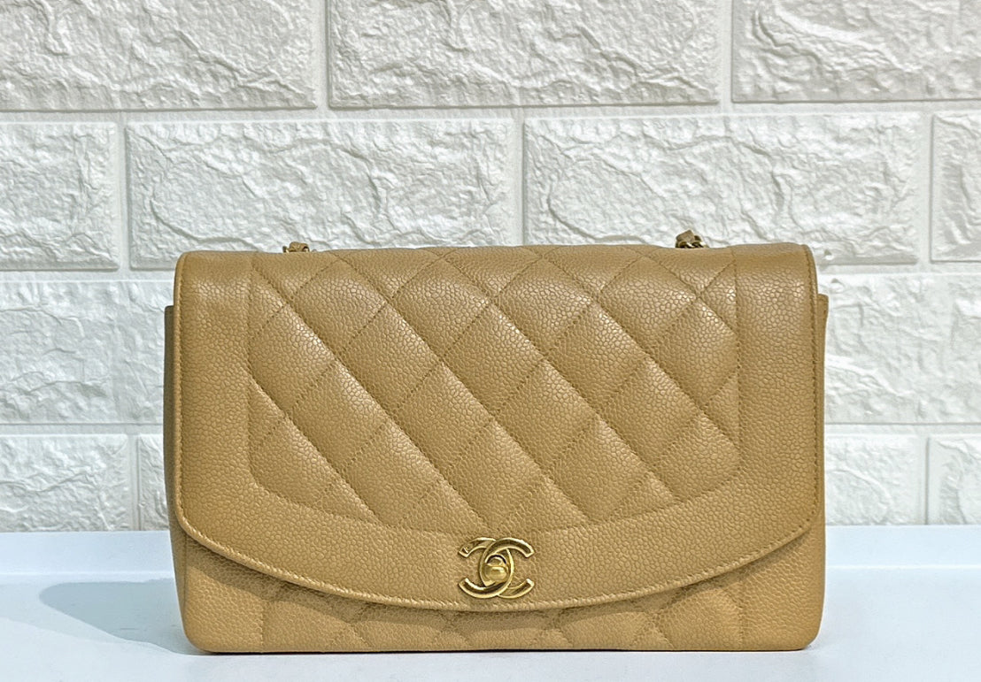 CHNL Medium Vintage Diana Flap Bag Beige Caviar Gold Hardware