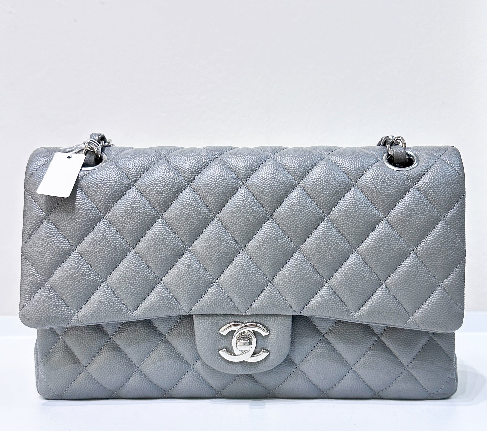 CHNL Caviar Quilted Medium Double Flap Grey