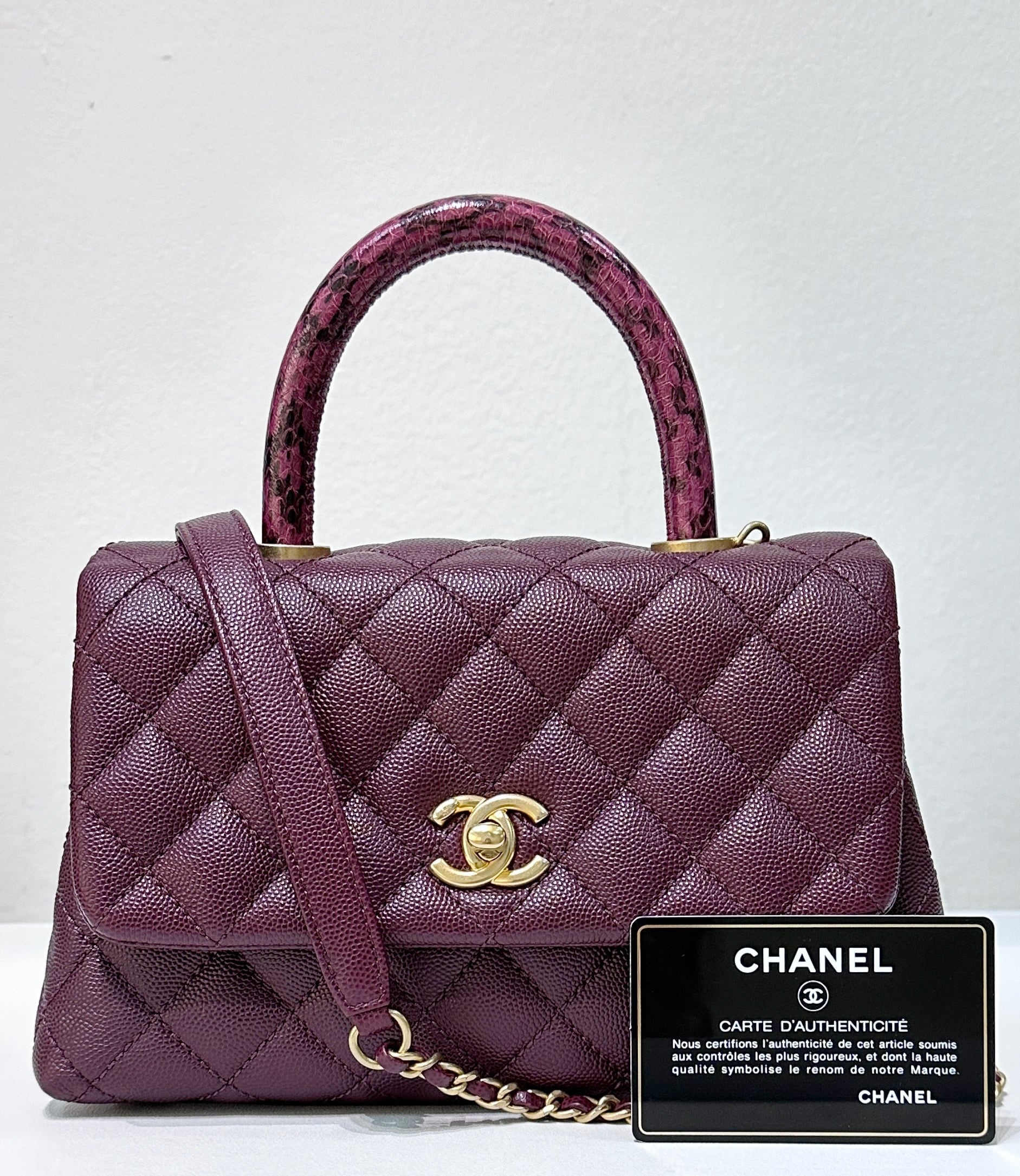 CHNL Small Coco Handle Elaphe Leather Handle Burgundy