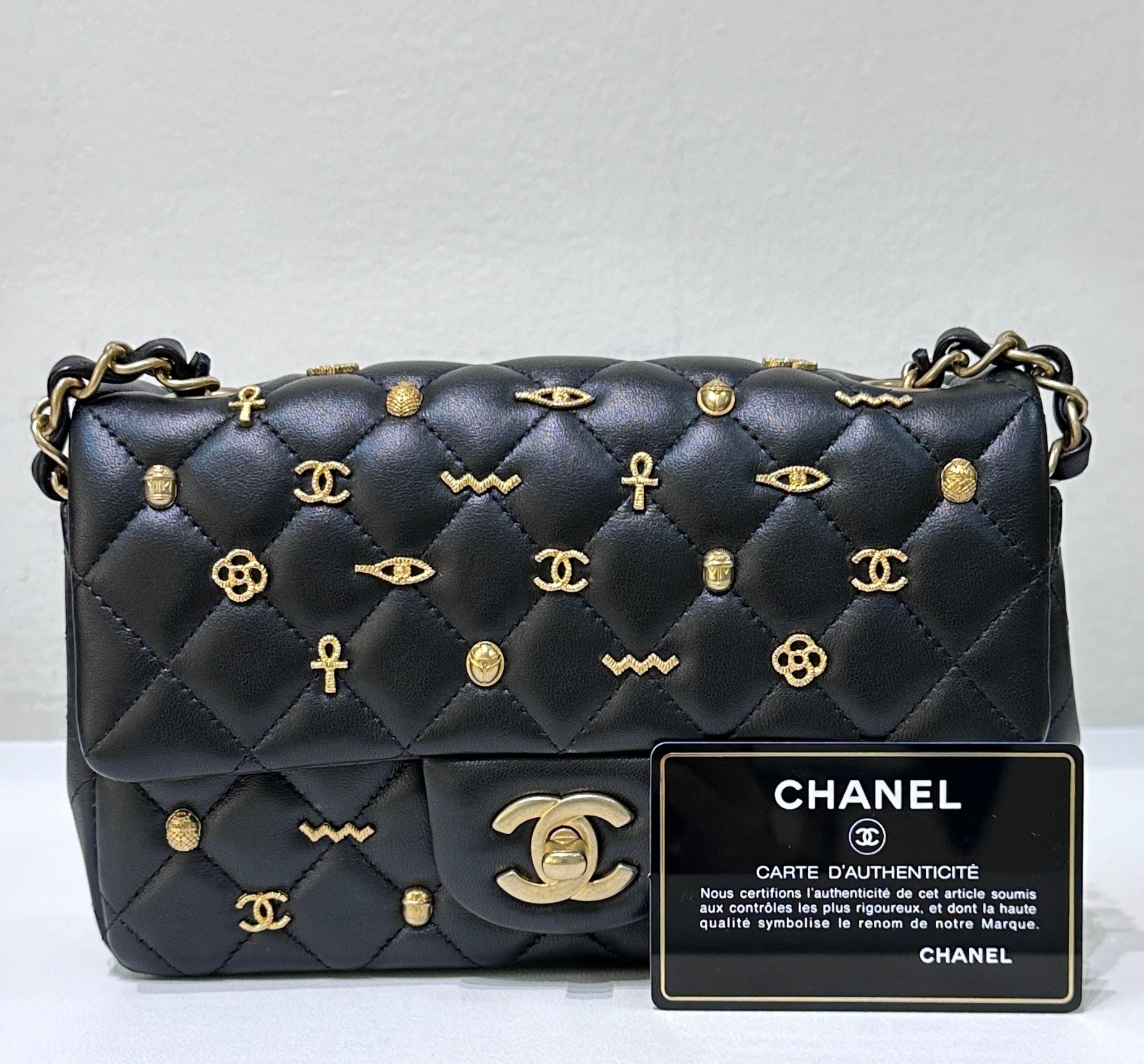 CHNL Mini Lambskin Quilted Egyptian Amulet Rectangular Flap Black GHW