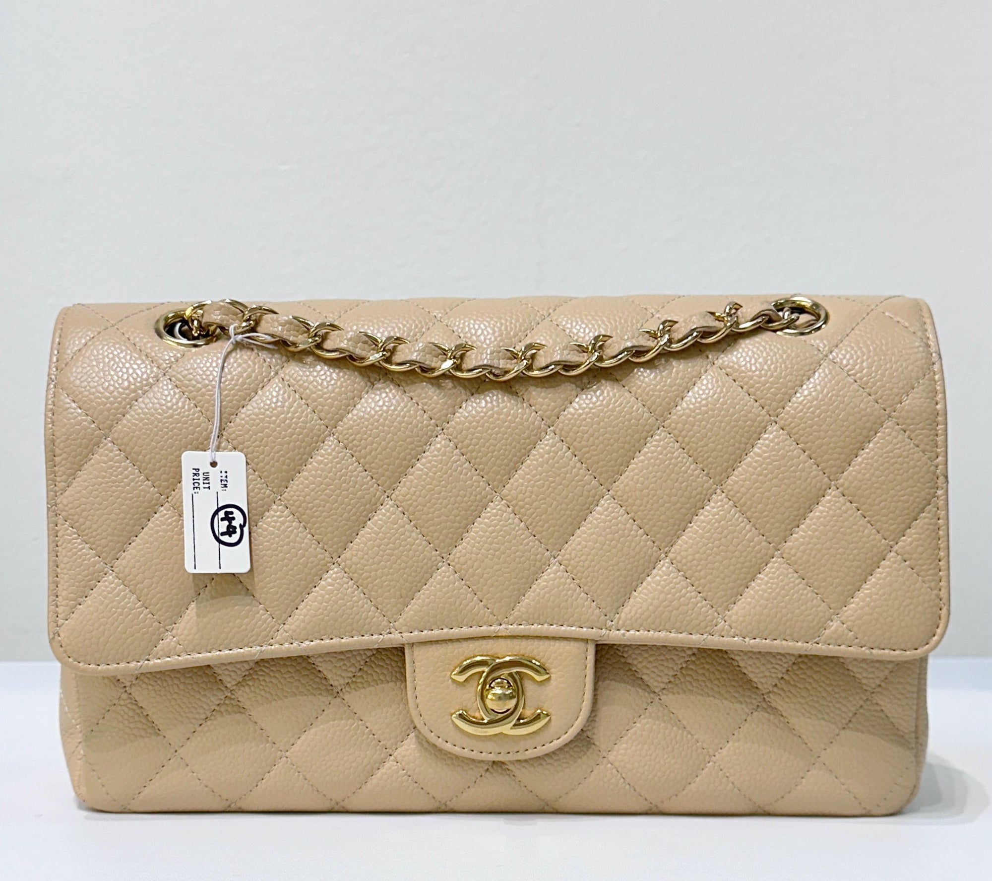CHNL Medium Caviar Classic Double Flap Bag Beige