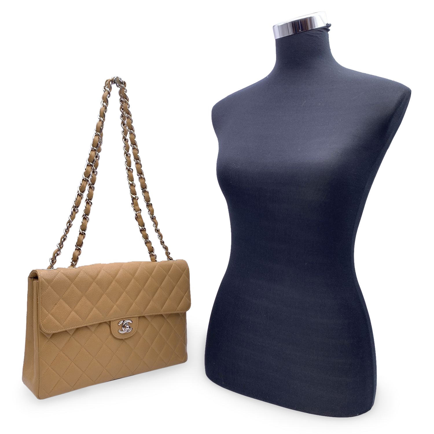 CHNL Vintage Beige Quilted Caviar Jumbo Timeless Classic Flap Bag