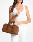 Jet Set Travel Medium Logo Embossed Leather Duffel Crossbody Bag (LUGGAGE)