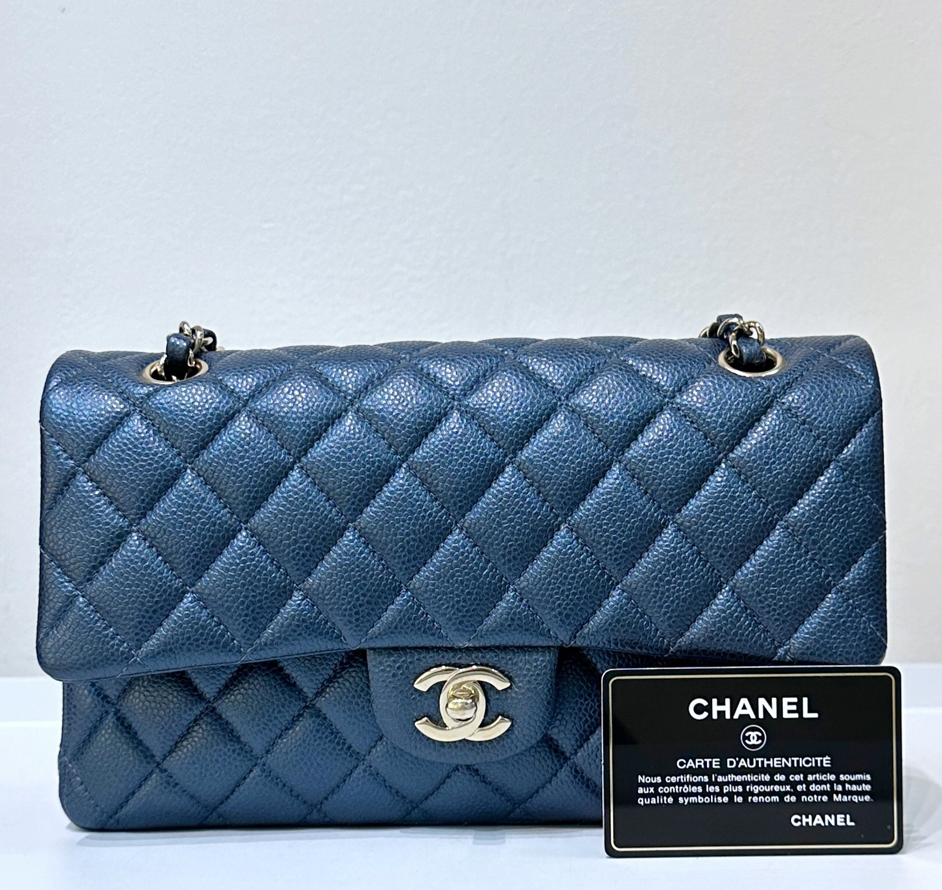 CHNL Quilted Medium Double Flap Blue Caviar 18S GHW