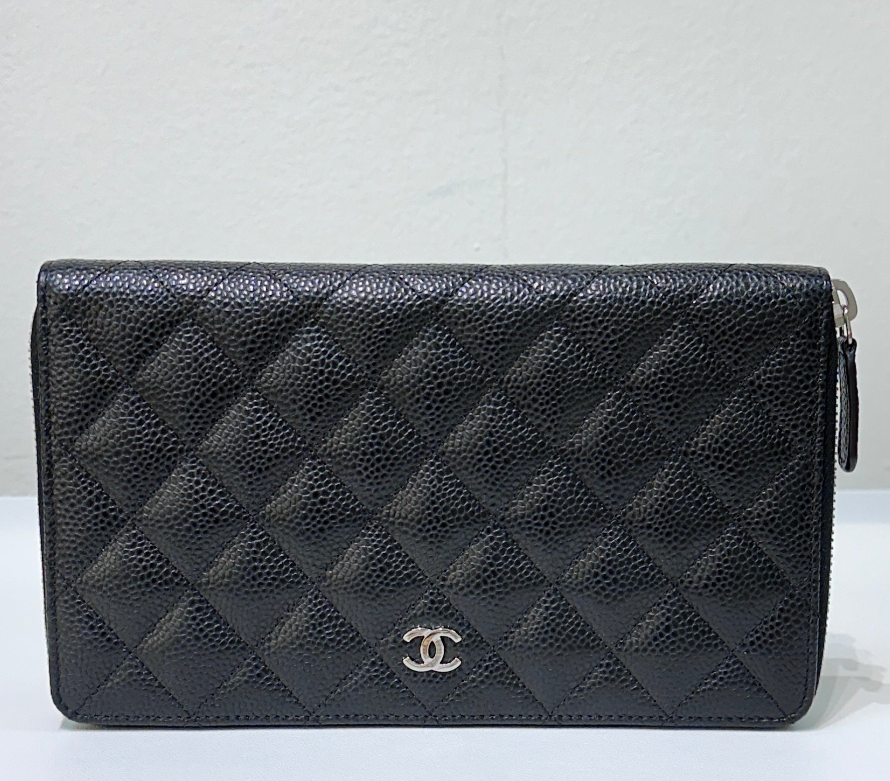 CHNL Large Iridescent Caviar Quilted Zip Around Organizer Wallet Black