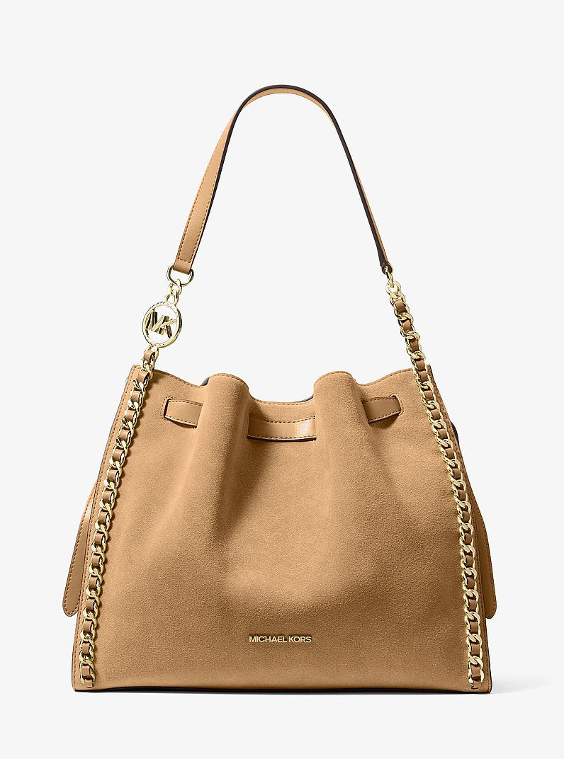 Mina Large Suede Chain Shoulder Bag (CAMEL)