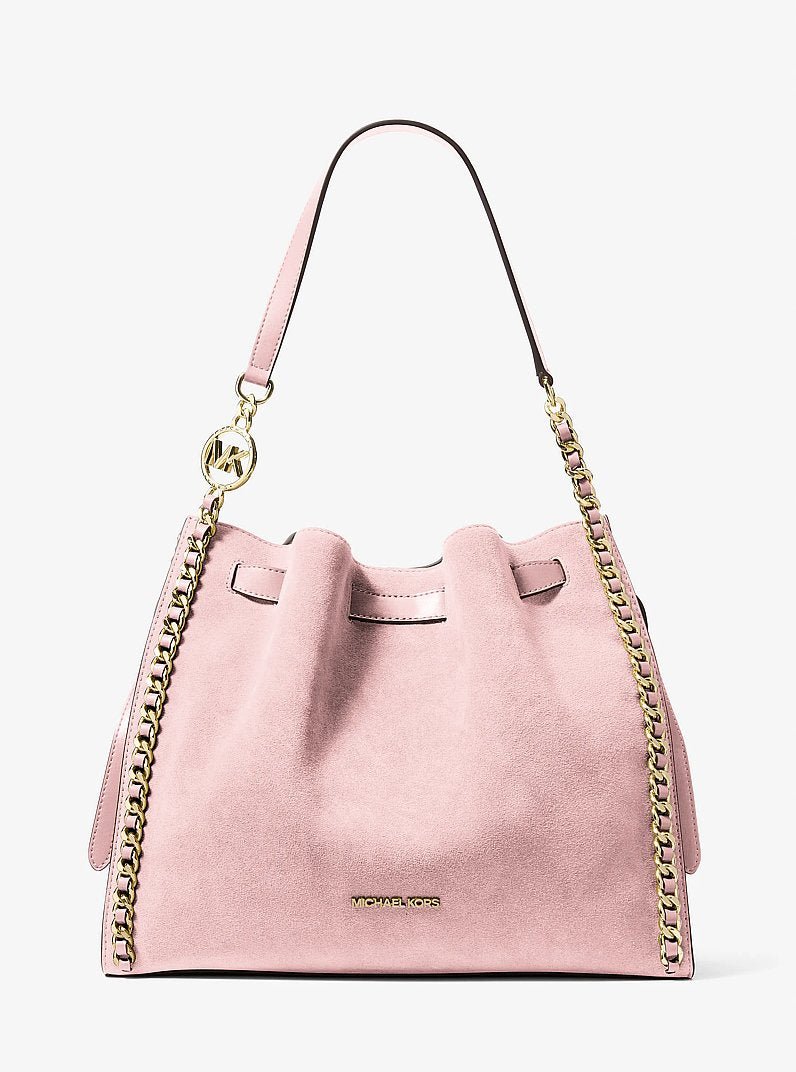 Mina Large Suede Chain Shoulder Bag (POWDER BLUSH)