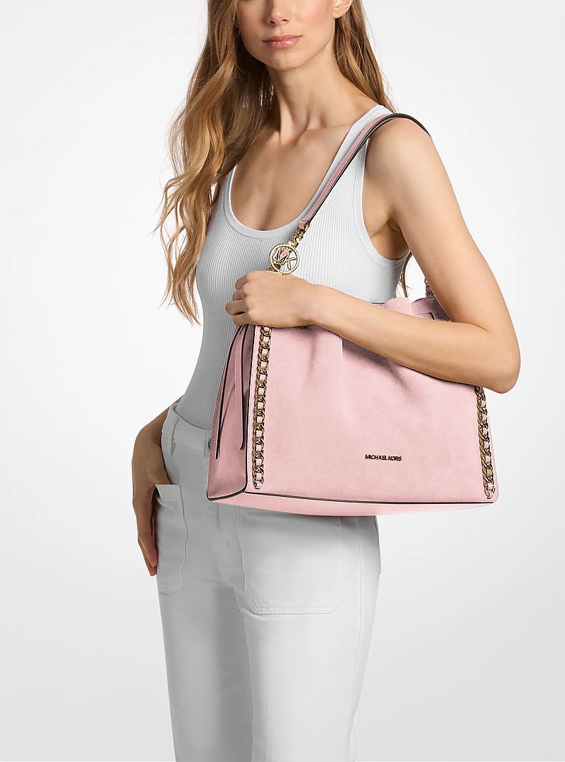 Mina Large Suede Chain Shoulder Bag (POWDER BLUSH)