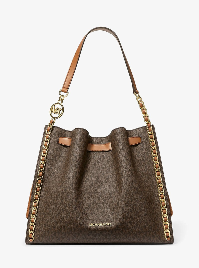 Mina Large Signature Logo Chain Shoulder Bag (BROWN)