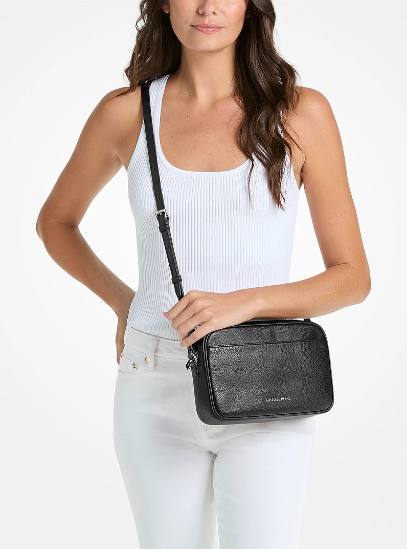 Jet Set Large Pebbled Leather Camera Crossbody Bag (BLACK)