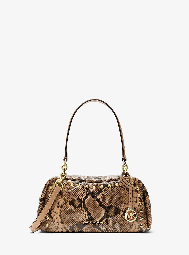 Cecily Small Studded Snake Embossed Shoulder Bag (CAMEL)