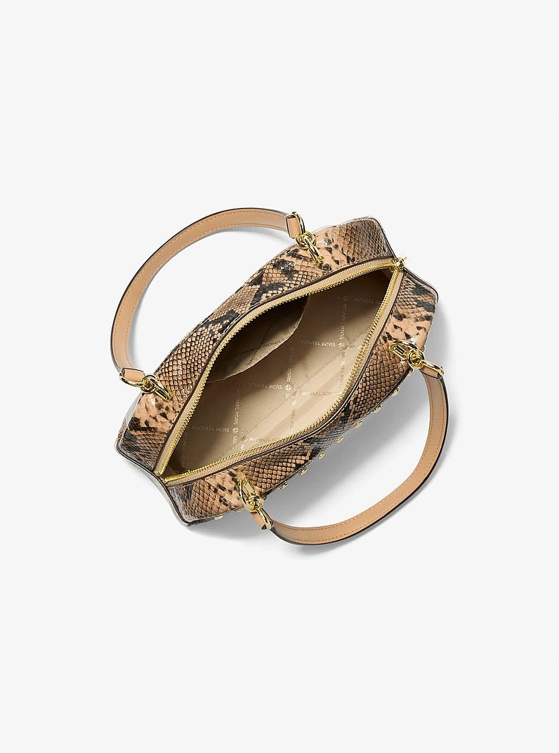 Cecily Small Studded Snake Embossed Shoulder Bag (CAMEL)