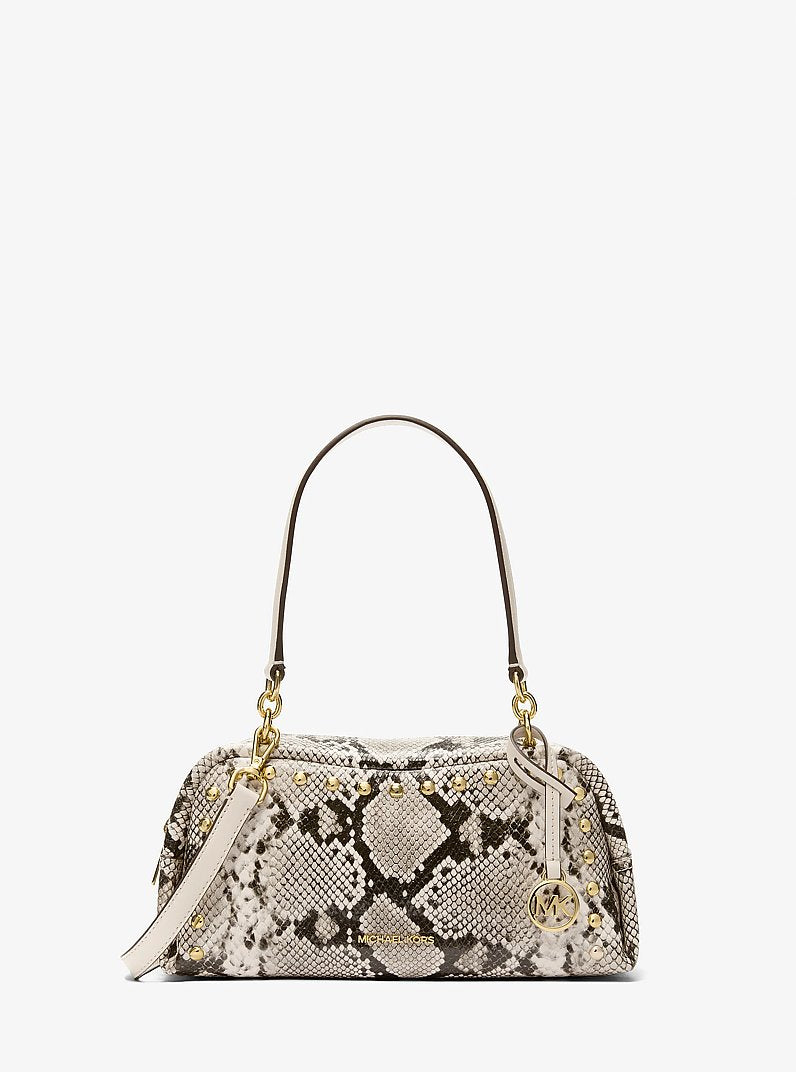 Cecily Small Studded Snake Embossed Shoulder Bag (LT CREAM)