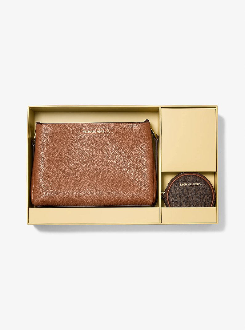Trisha Pebbled Leather Crossbody Bag With Pouch Gift Set (LUGGAGE)