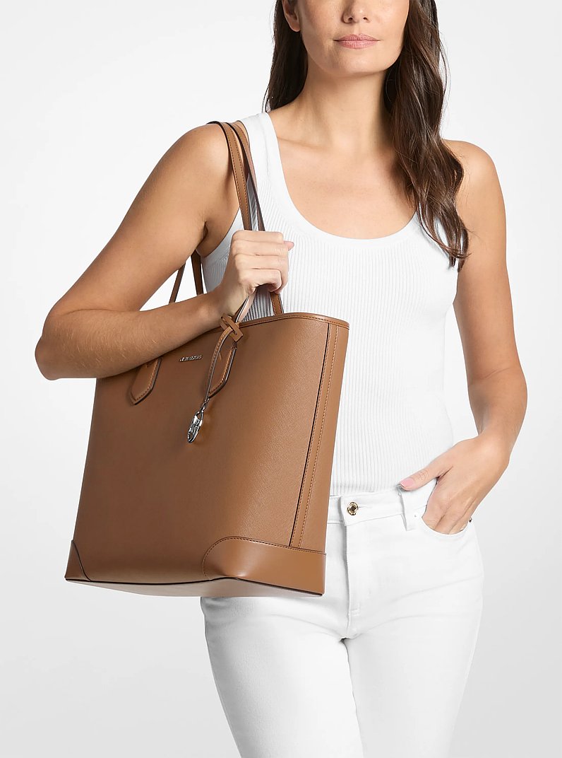 Eva Large Saffiano Leather Tote Bag (LUGGAGE)