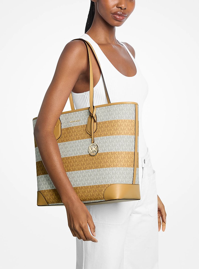 Eva Large Striped Signature Logo Tote Bag (HONEYWHEAT)