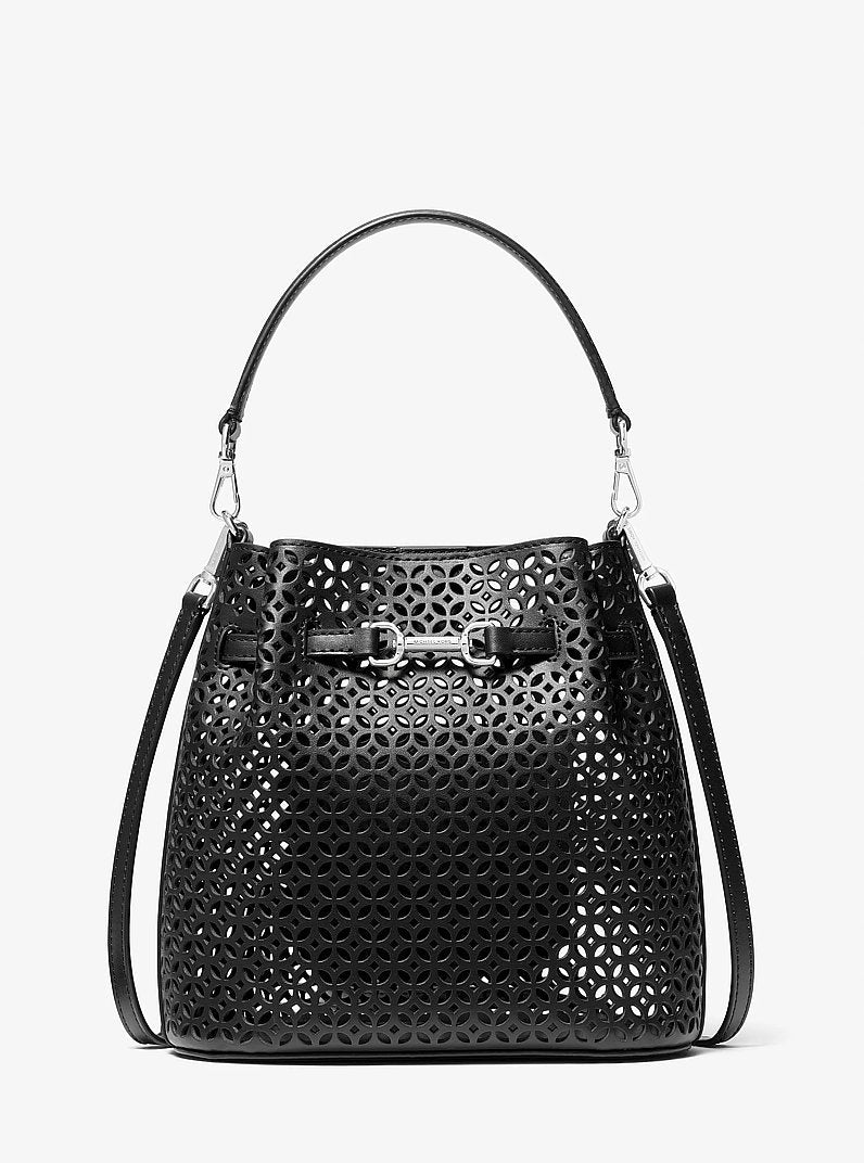 Carson Small Floral Laser Cut Bucket Crossbody Bag (BLACK)