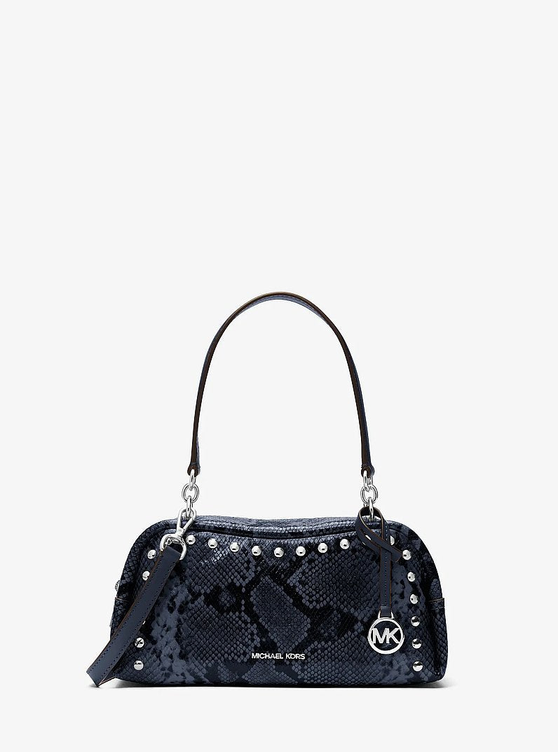 Cecily Small Studded Snake Embossed Shoulder Bag (NAVY)