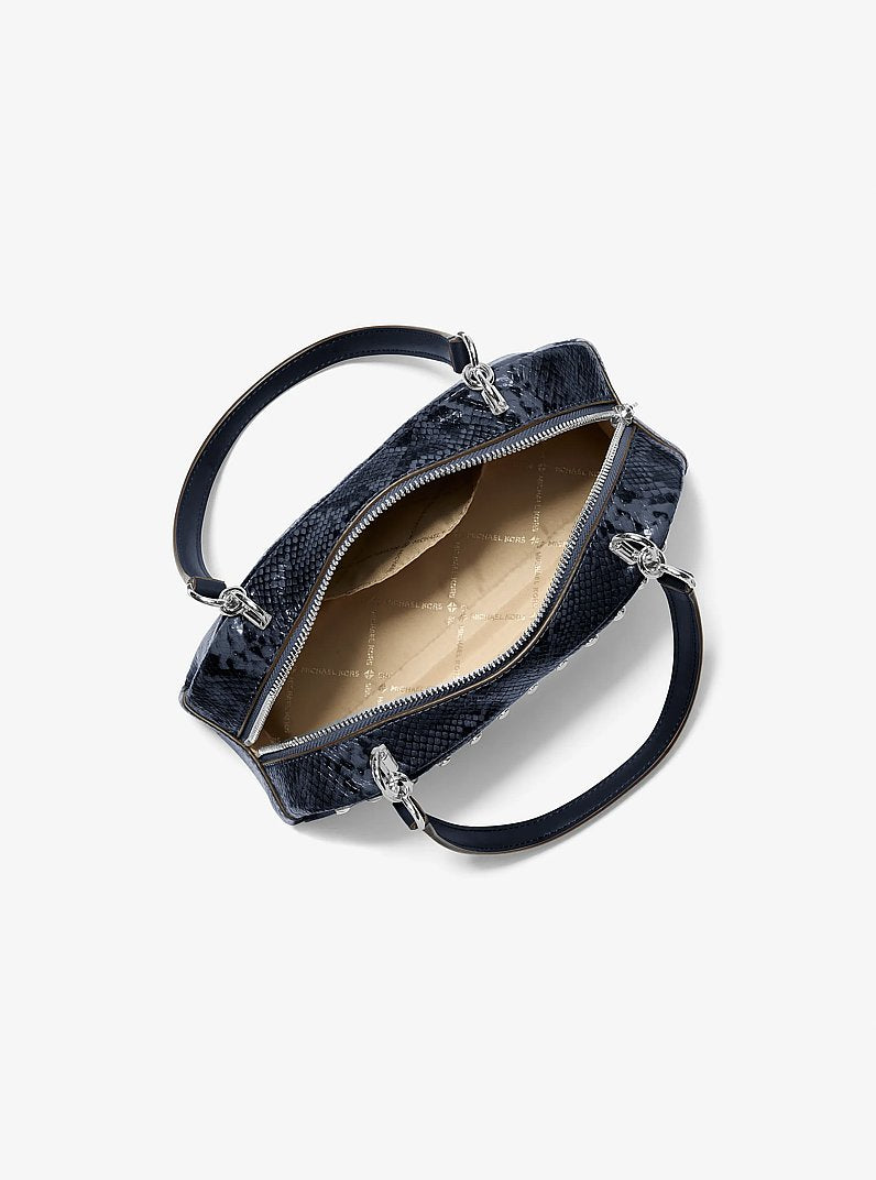 Cecily Small Studded Snake Embossed Shoulder Bag (NAVY)