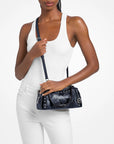 Cecily Small Studded Snake Embossed Shoulder Bag (NAVY)