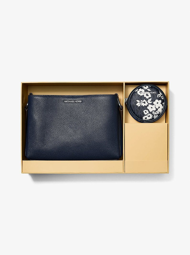 Trisha Pebbled Leather Crossbody Bag With Printed Signature Logo Pouch (NAVY)