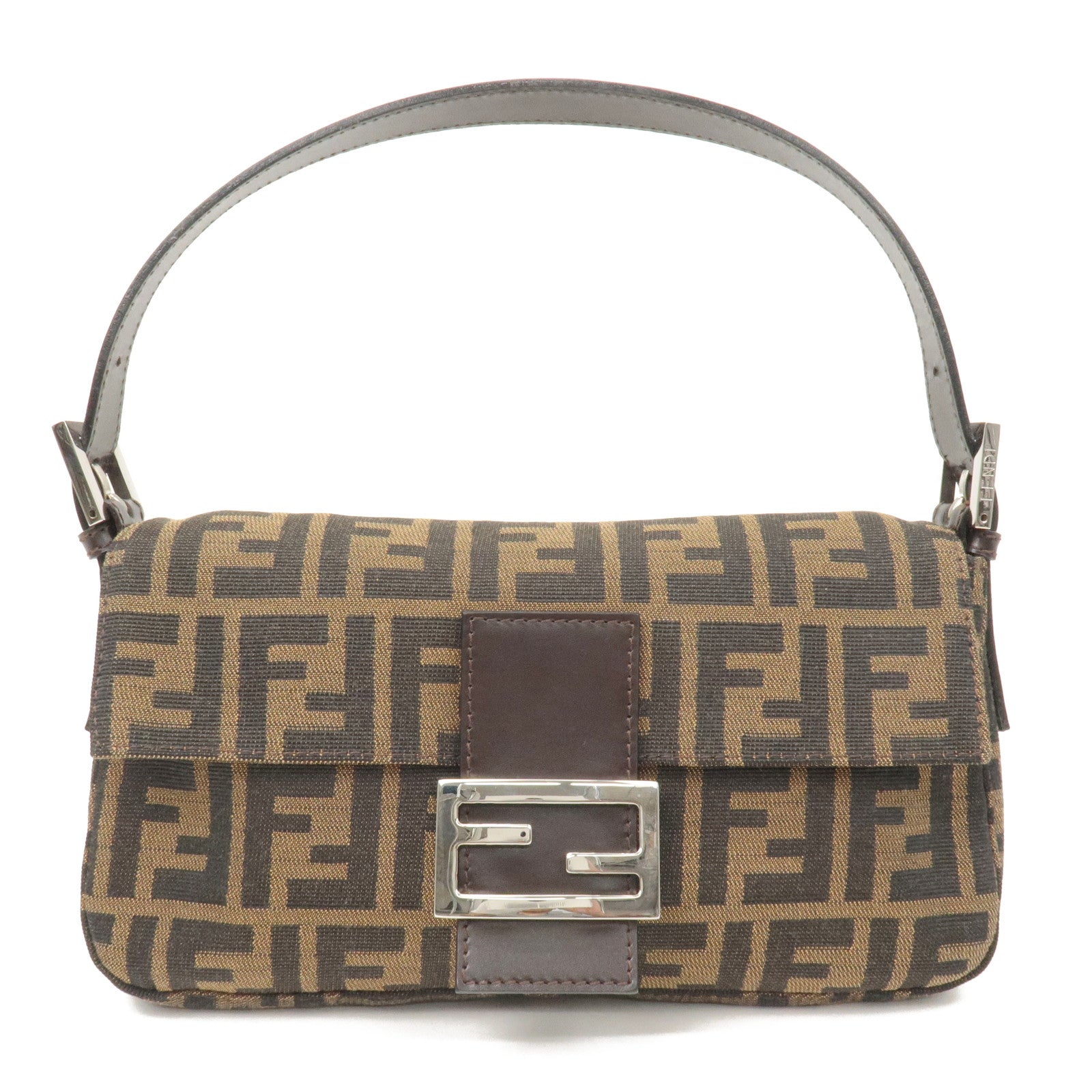 FNDI Mamma Baguette Zucca Canvas Leather Shoulder Bag Brown 26424