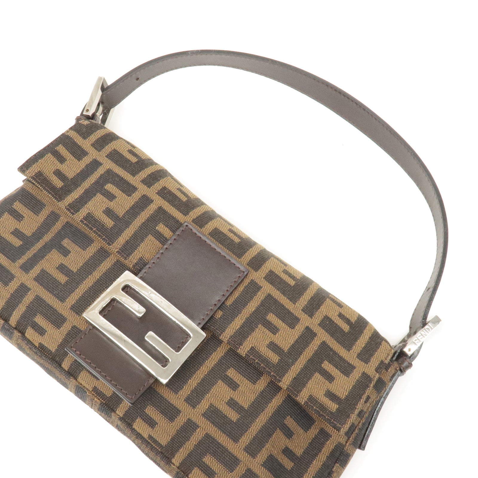 FNDI Mamma Baguette Zucca Canvas Leather Shoulder Bag Brown 26424