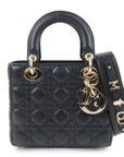 Christian DOR Cannage Lady DOR Leather way Hand Bag Black