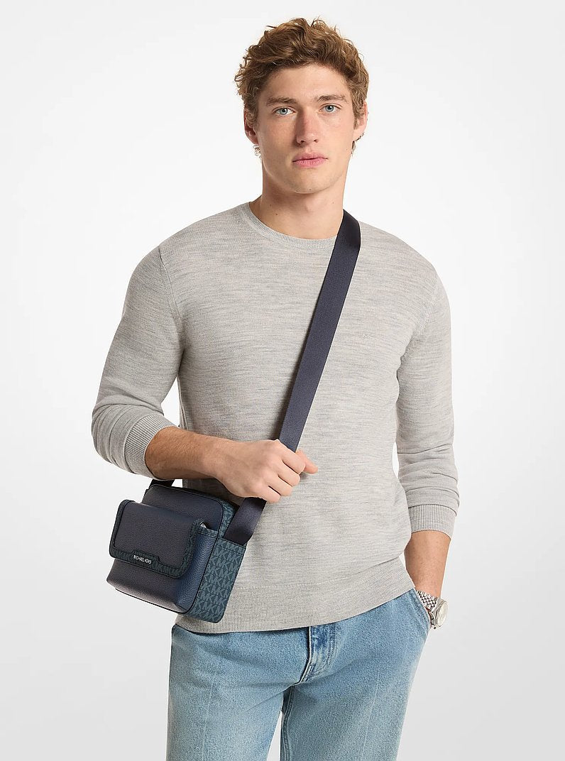 Cooper Medium Pebbled Leather and Signature Logo Camera Crossbody Bag (NAVY)