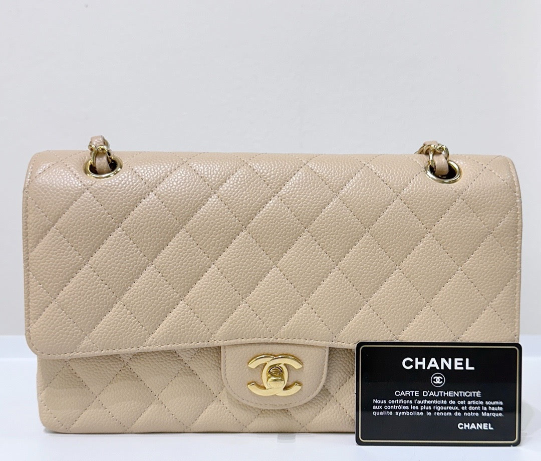 CHNL Classic Flap Medium Beige Clair GHW Caviar