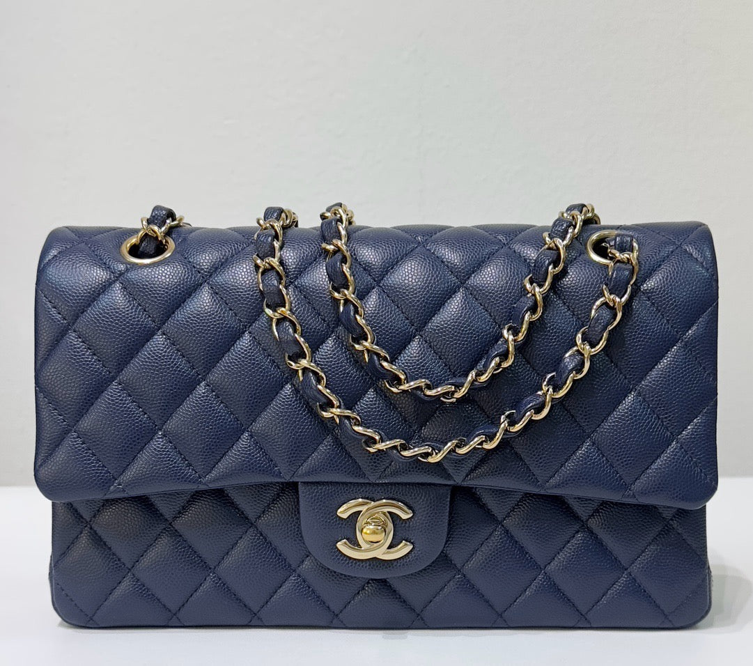 CHNL Medium Classic Caviar Double Flap Navy Blue Bag LSHW