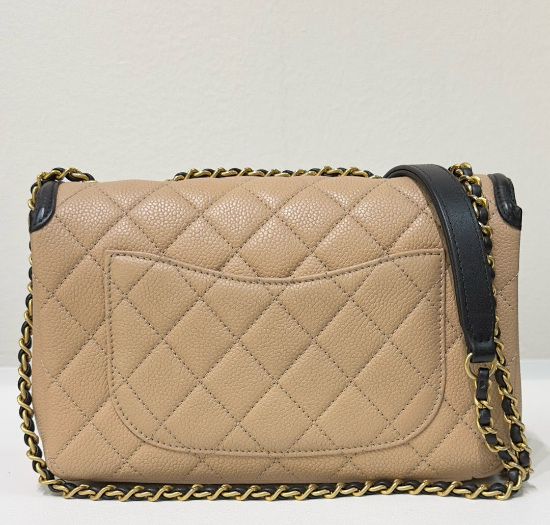 CHNL Small Caviar Quilted CC Filigree Flap Beige Black GHW