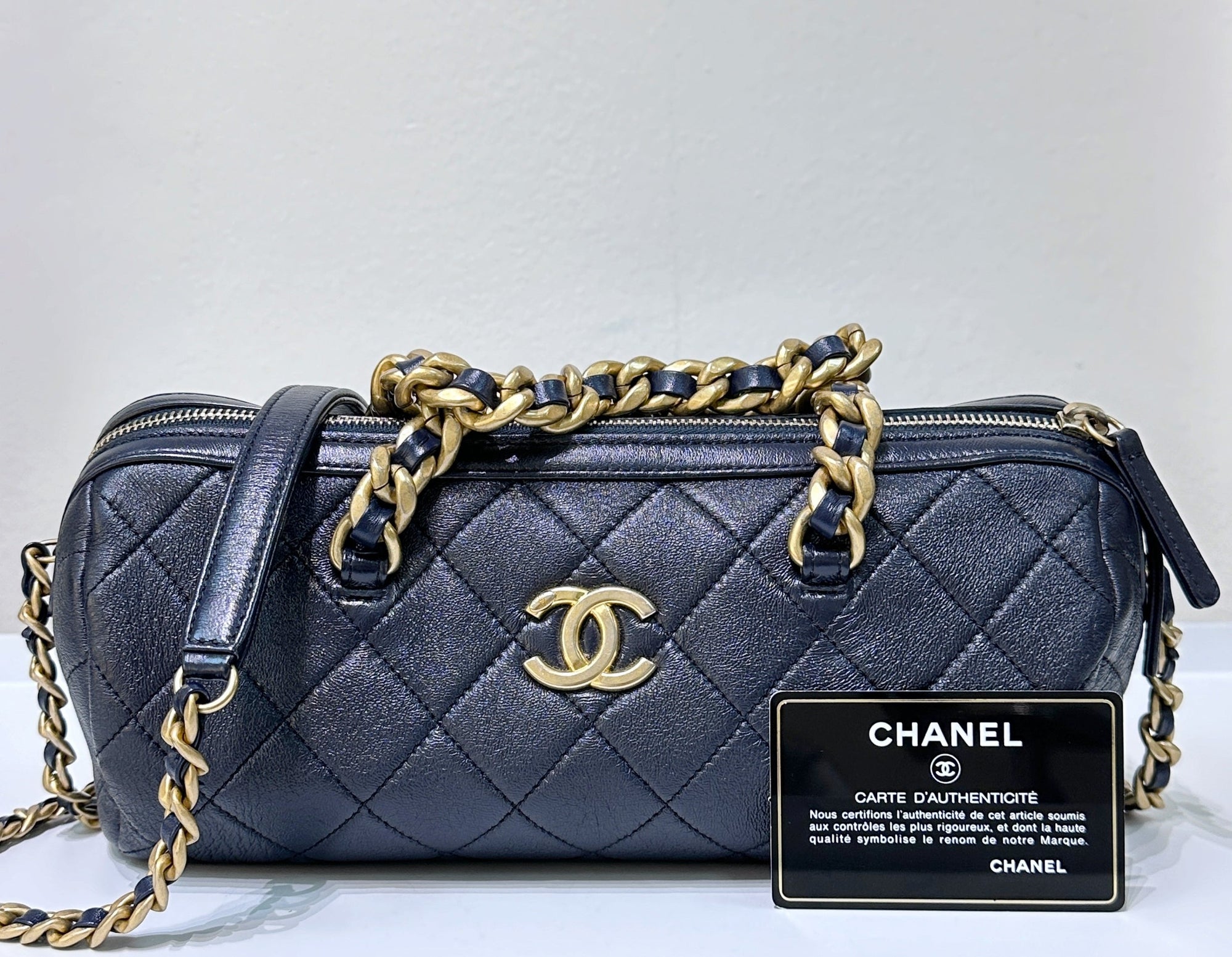 CHNL Bowling chain handbag Womens shoulder bag Navy Blue GHW