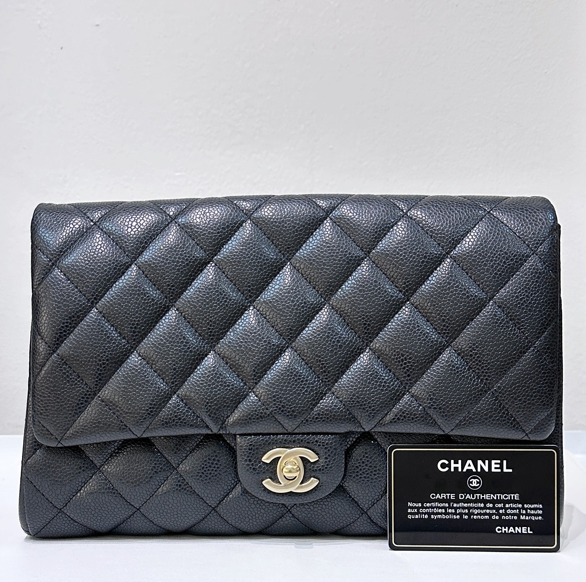 CHNL Caviar Quilted Clutch With Chain Flap Black GHW