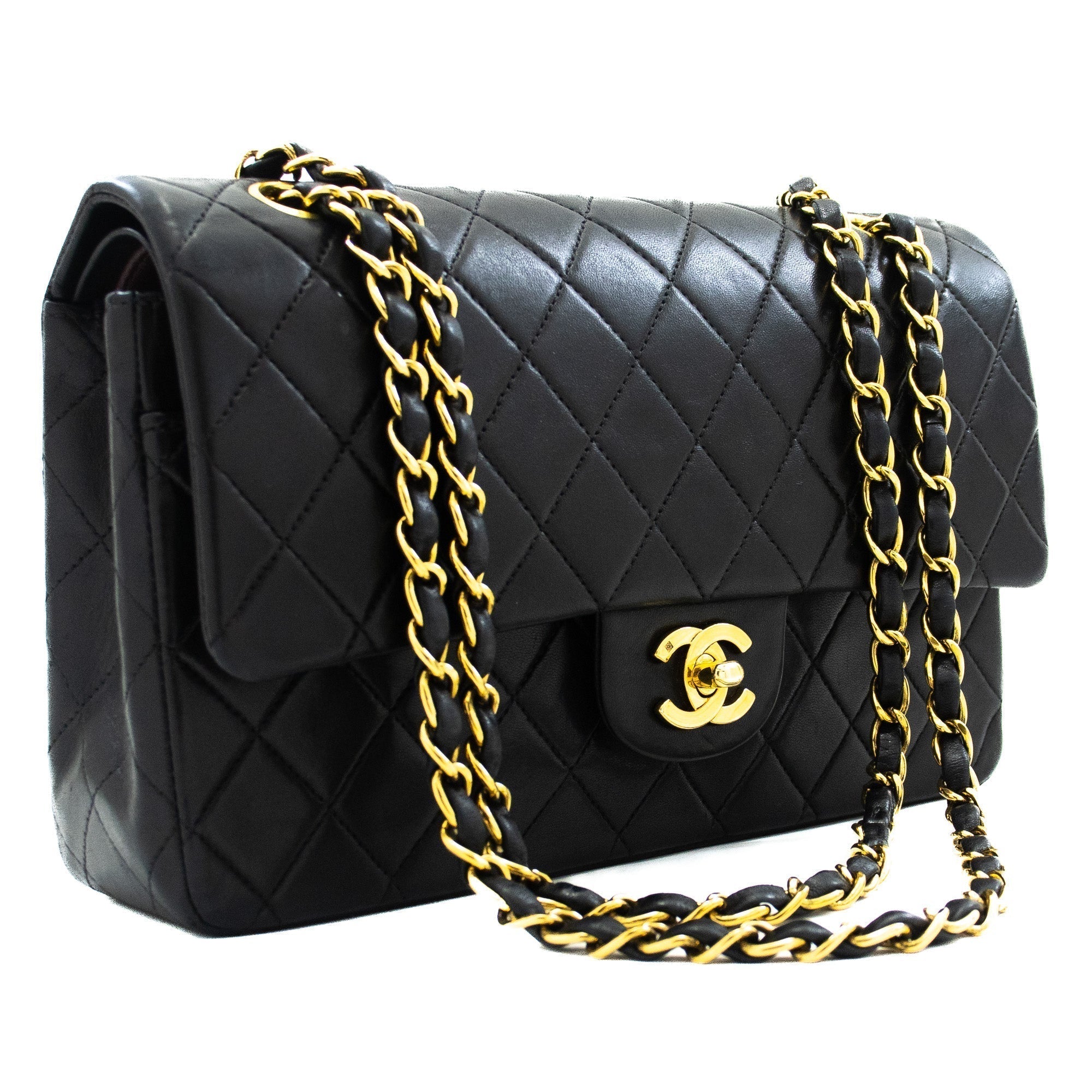 CHNL 2.55 Double Flap Medium Chain Shoulder Bag Black Lambskin j94