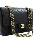 CHNL 2.55 Double Flap Medium Chain Shoulder Bag Black Lambskin j94