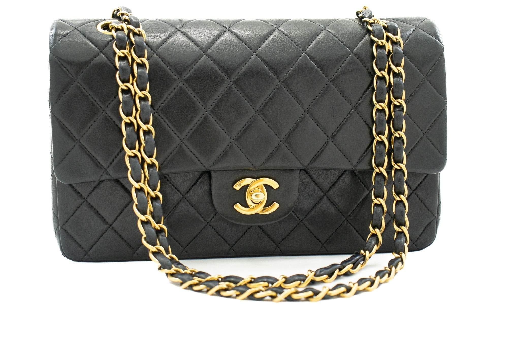 CHNL 2.55 Double Flap Medium Chain Shoulder Bag Black Lambskin j94