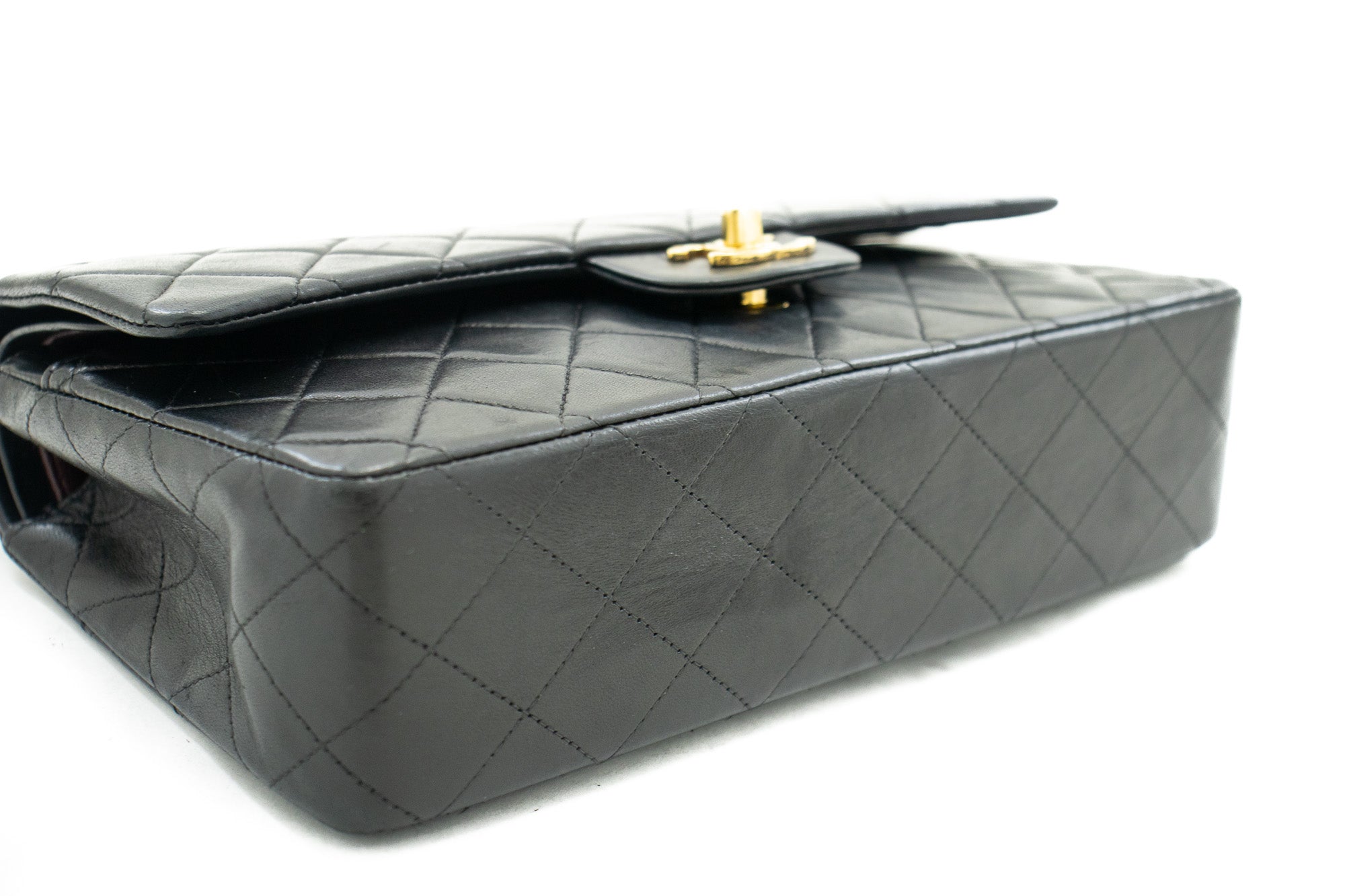 CHNL 2.55 Double Flap Medium Chain Shoulder Bag Black Lambskin j94