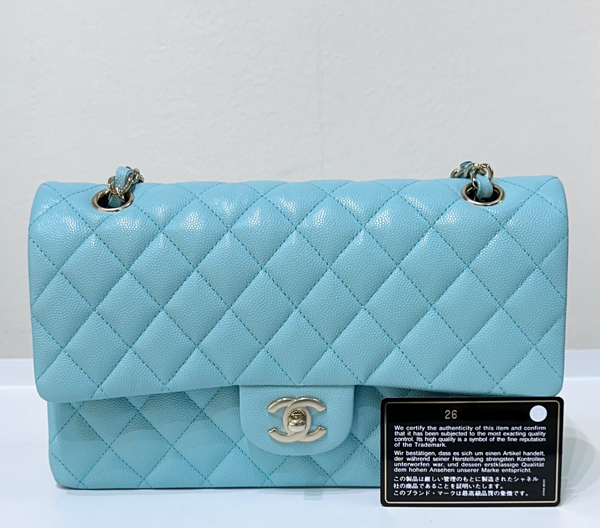 CHNL 19C Tiffany Blue Medium Caviar Classic Flap Bag GHW