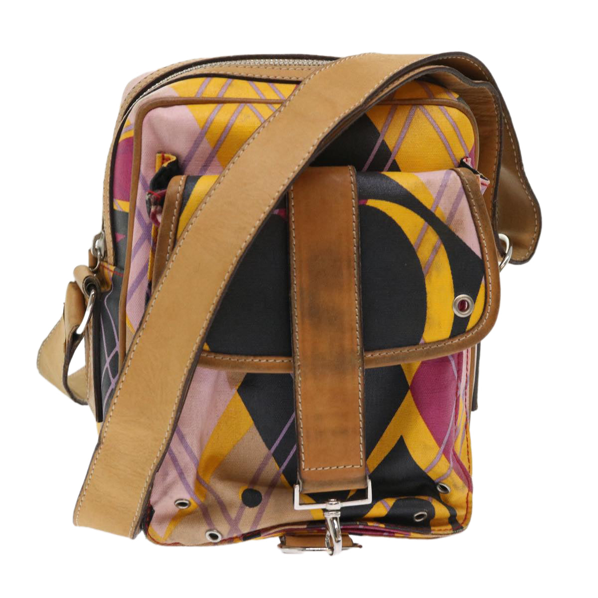 CHRISTIAN DOR Argyle Check Shoulder Bag Nylon Yellow Pink -MA- Auth