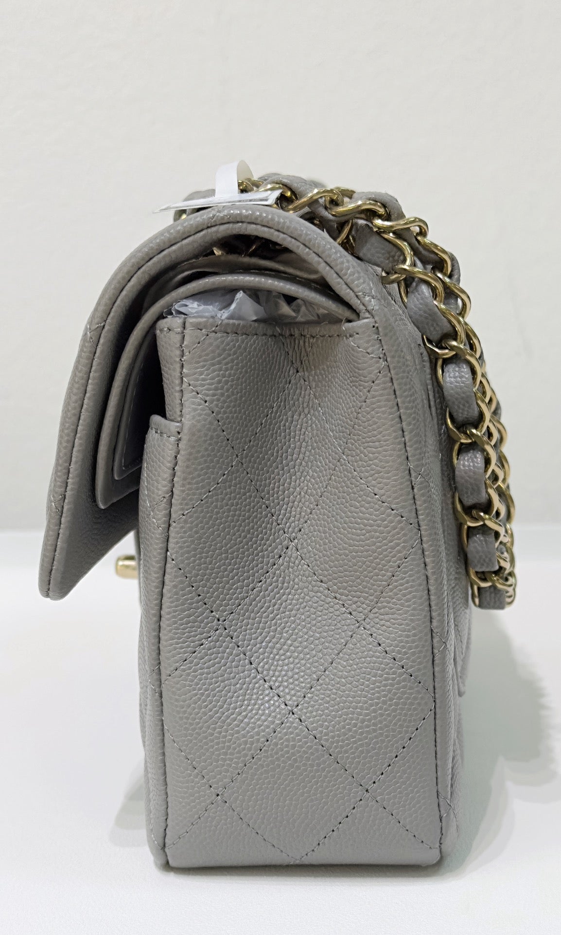 CHNL Small Caviar Quilted Double Flap Grey LGHW
