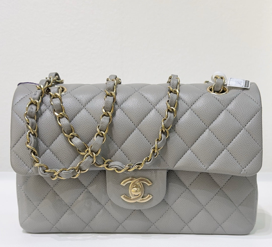 CHNL Small Caviar Quilted Double Flap Grey LGHW
