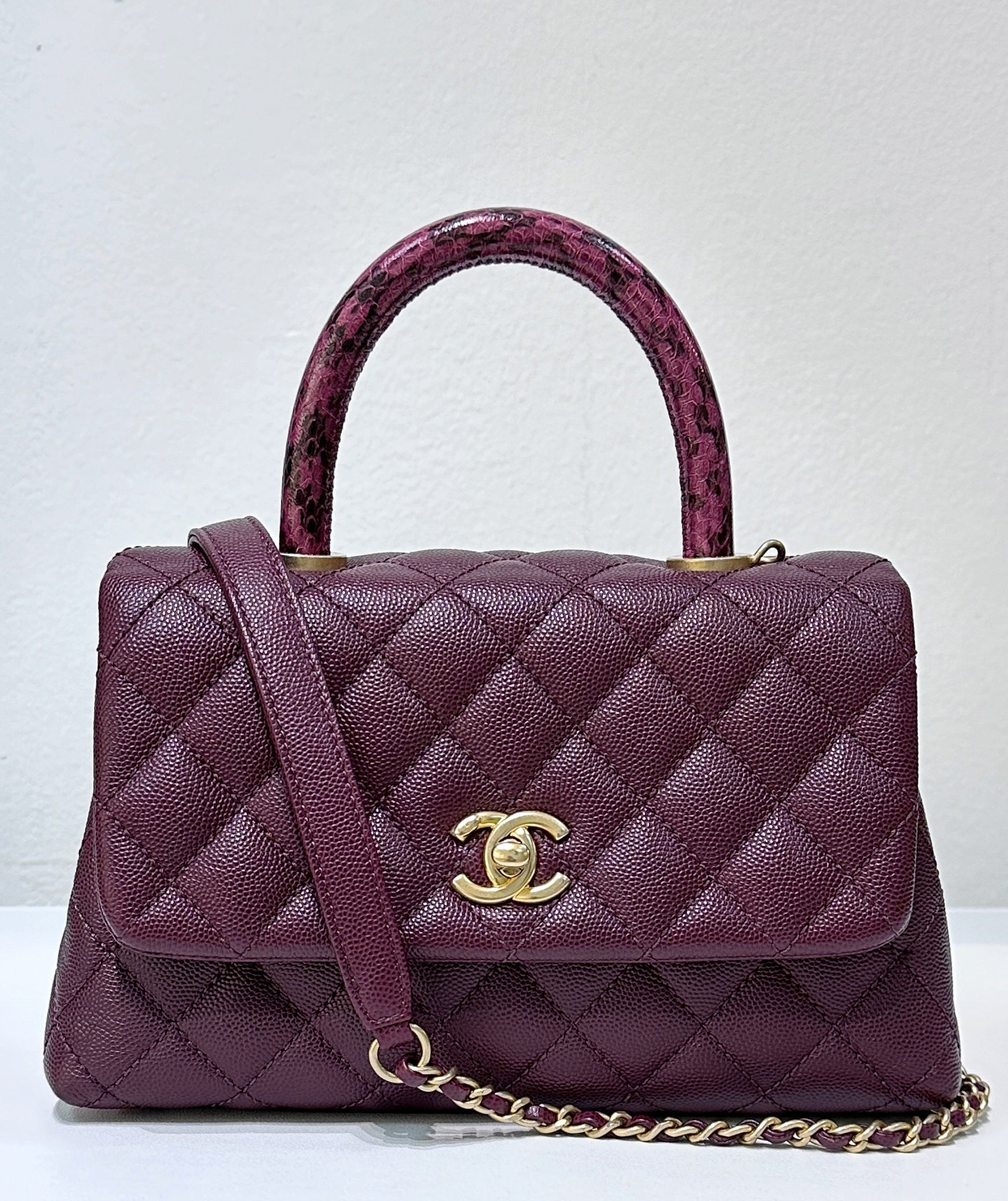 CHNL Small Coco Handle Elaphe Leather Handle Burgundy