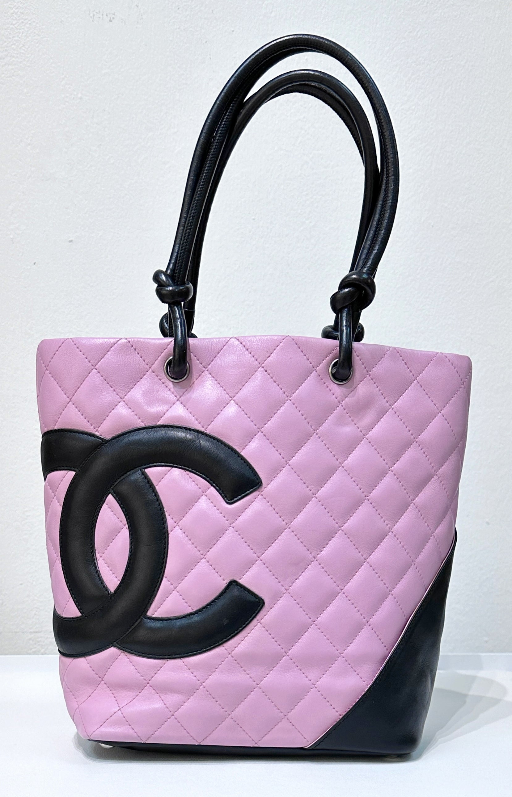 CHNL Medium Calfskin Quilted Cambon Tote Pink Black