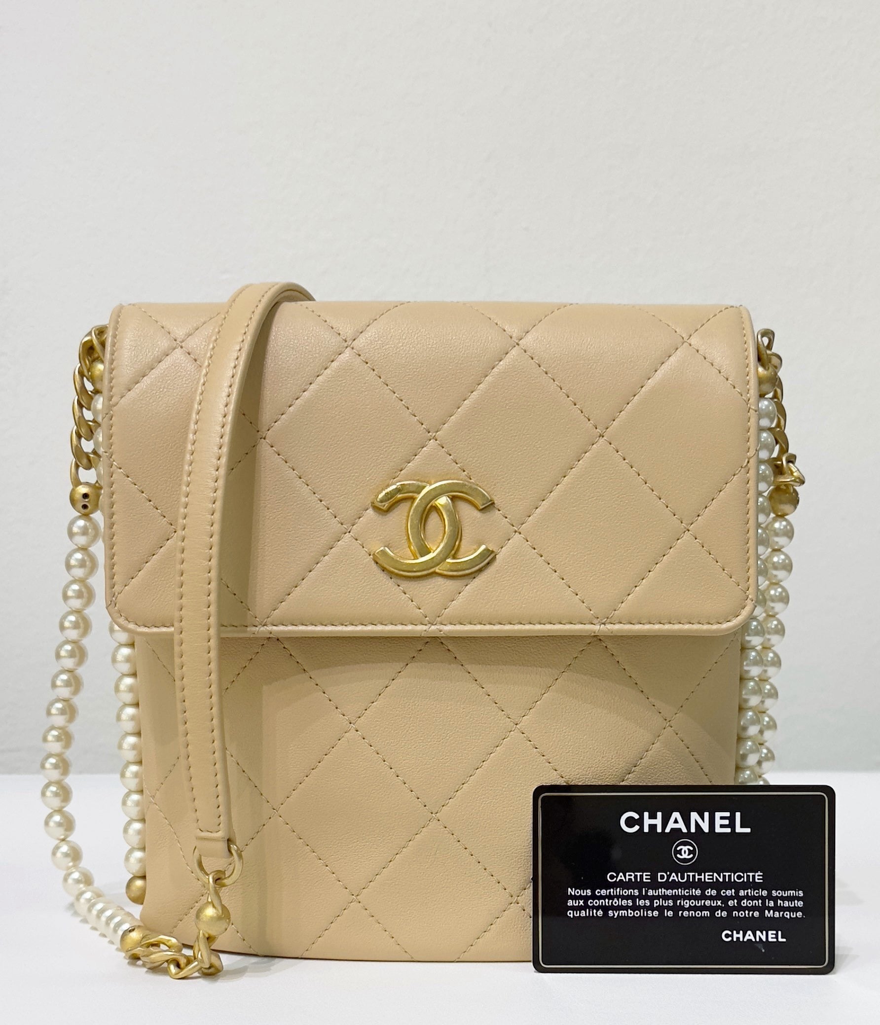 CHNL Small About Calfskin Quilted Pearls Flap Hobo GHW