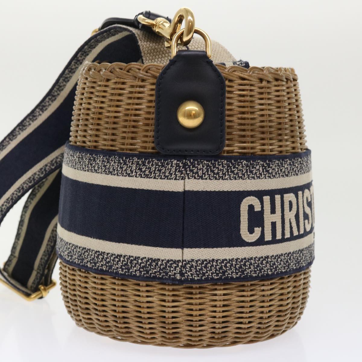 CHRISTIAN DOR Basket Bag Trotter Canvas Shoulder Bag Rattan Blue Auth A