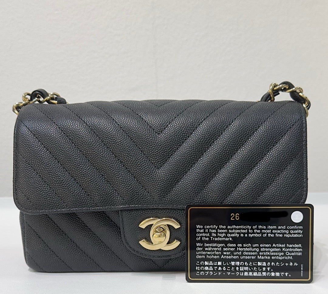 CHNL Mini Chevron Caviar Flap Bag Black GHW