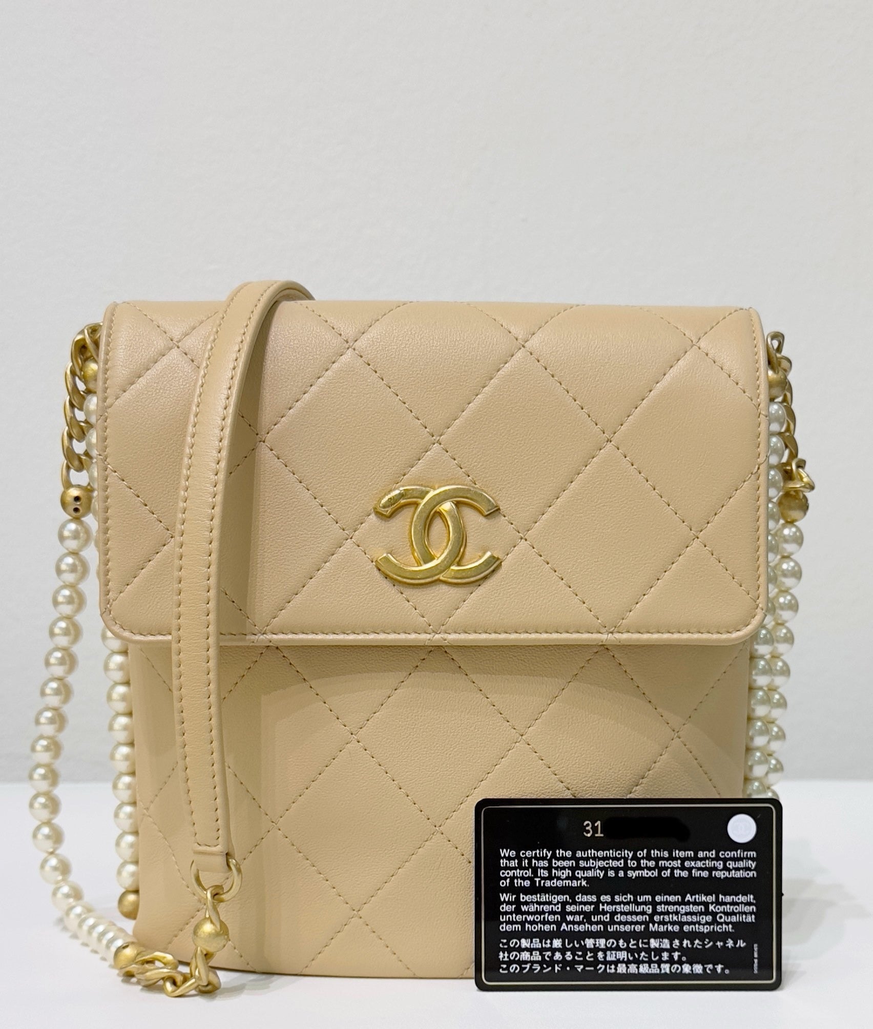 CHNL Small About Calfskin Quilted Pearls Flap Hobo GHW