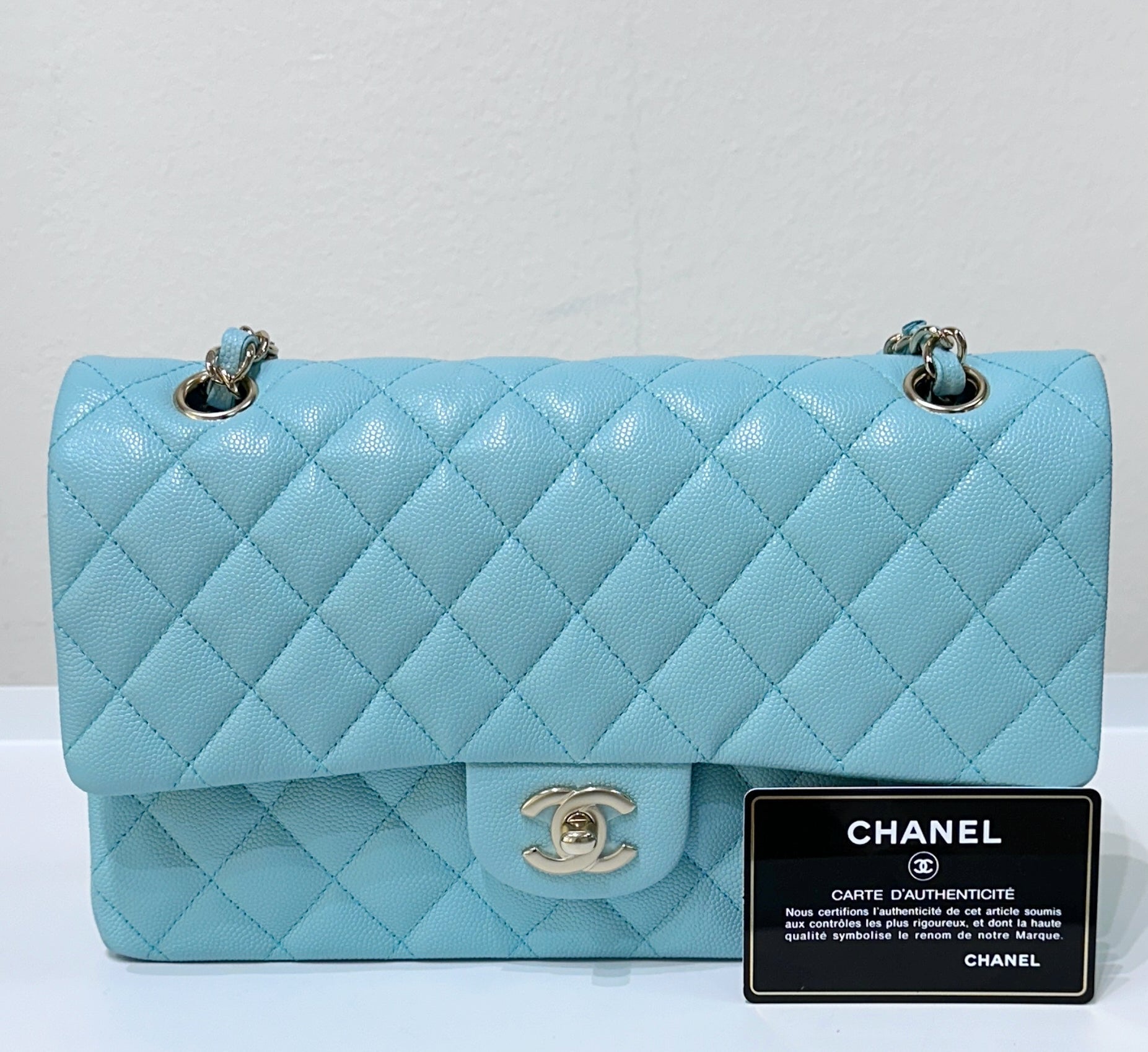 CHNL 19C Tiffany Blue Medium Caviar Classic Flap Bag GHW